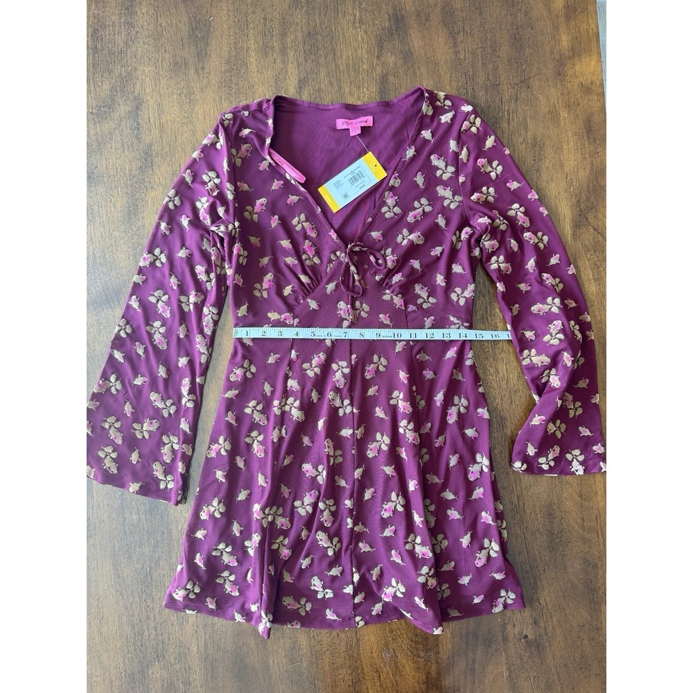 Betsey Johnson Babydoll A Line Bell Sleeve Mini Dress Size M Floral Burgandy